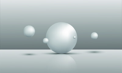 3D illustration of balls of different sizes hanging in space. 3D rendering isolated on white background.