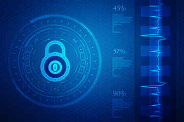 Digital Padlock on abstract technology background, Technology security concept. Modern safety digital background. Protection system, Cyber Security and safety information, personal data concept.