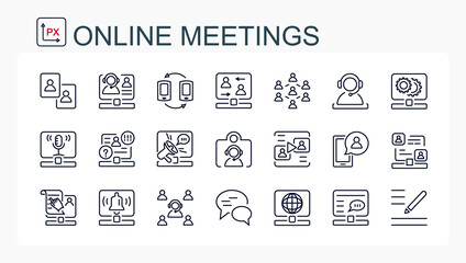 A set of vector linear icons. Online broadcast of an online meeting. online meetings.