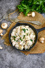 Obraz na płótnie Canvas Creamy chicken with mushrooms and parmesan. Home made italian ketogenic meal