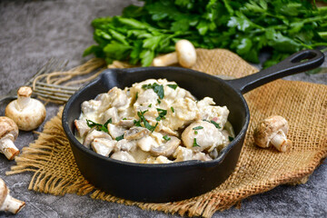 Creamy chicken with mushrooms and parmesan. Home made italian ketogenic meal