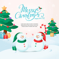 Lovely Snow man & Snow woman exchange present in winter season Christmas Illustration vector