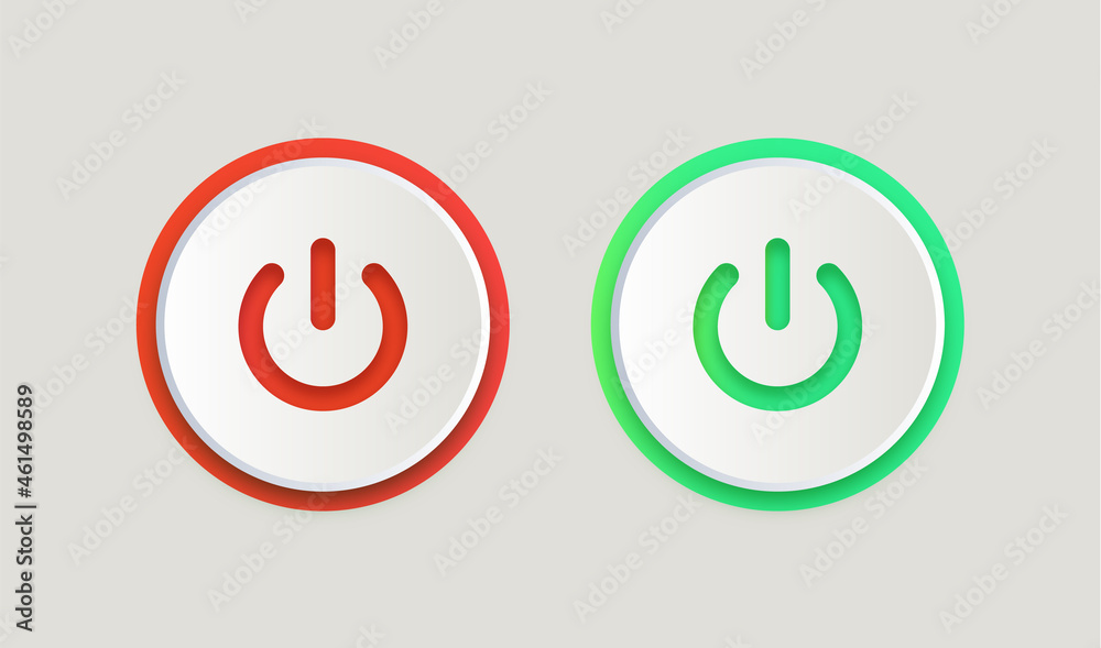 Poster  power button icon . Turn on, turn off - green switch on icon and red switch off icon - power buttons icons - ui ux user interface for apps and website 