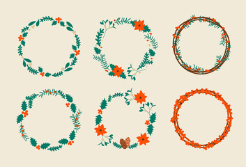 Christmas wreaths set with holly, fir tree and jew branches, berries and mistletoe. Christmas circles drawn in simple flat style with vintage vibes. Vector clipart isolated.