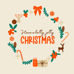 Christmas wreath vector clipart with a quote Have a holly jolly Christmas. Great for posters, postcards, banners. Simple cartoon drawing isolated.