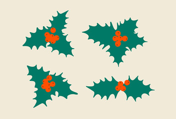 Christmas holly plant. Green leaves and berries. Vector drawing in a simple cartoons style isolated.