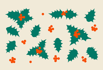 Christmas holly plant. Green leaves and berries. Vector drawing in a simple cartoons style isolated.