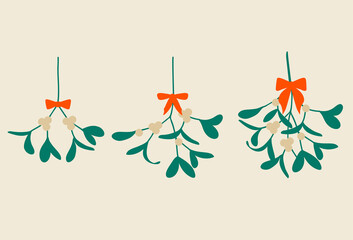 Christmas mistletoe with a bow. Hanging  green plant with berries as a traditional symbol for Christmas. Vector drawing in a simple cartoon style. Isolated clipart.