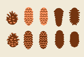 Spruce and pine cones isolated. Vector clipart in a simple cartoon style.