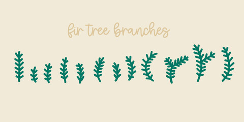 Fur tree branches stylized. Great for Christmas wreaths. Vector clipart hand drawn in a simple cartoon style. Isolated drawing set.