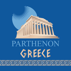 Parthenon building in Athens on a blue background. Vector illustration.