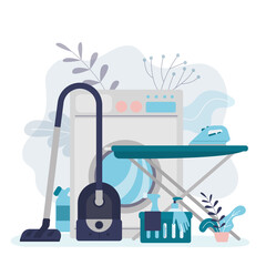 Big washing machine and ironing board. Equipment for maintenance of clothes fresh. Laundry room with vacuum cleaner and various detergents