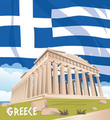 Greece national flag on the background of the Parthenon building in Athens.