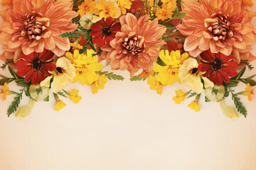 Delicate blossoming dahlias and orange flowers, blooming festive fall frame background, autumn...