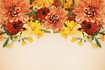 Deurstickers Delicate blossoming dahlias and orange flowers, blooming festive fall frame background, autumn bouquet floral card, selective focus, toned © ulada