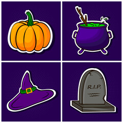 Halloween Stickers pumpkin, hat, grave, сauldron of green potion, october party