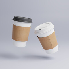 하얀 일회용 테이크아웃 종이컵 및 컵뚜껑