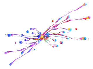 Fototapeta premium Shot of abstract colourful fluid oil, watercolor, acrylic wet paint or ink splashes isolated on white background. Colored liquid paint splashes in rainbow colors, artistic graphic print template, 3D