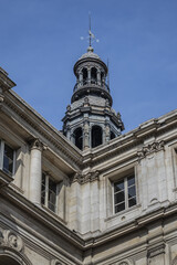 Architectural fragments of City Hall of Paris (Hotel de Ville de Paris) neo-renaissance style building - seat of the Paris City Council since 1357. Paris, France.