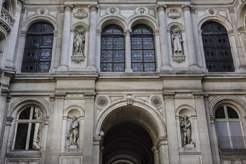 Architectural fragments of City Hall of Paris (Hotel de Ville de Paris) neo-renaissance style building - seat of the Paris City Council since 1357. Paris, France.