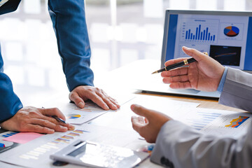 Brainstorming process. the business crew working on a new startup project. discussing business projects working together in the office. Idea presentation, analyze marketing plans.