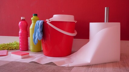 Cleaning concept. Set of cleaning supplies 