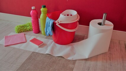 Cleaning concept. Set of cleaning supplies 