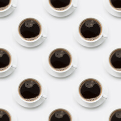 Seamless pattern of black coffee in white cup on white background.