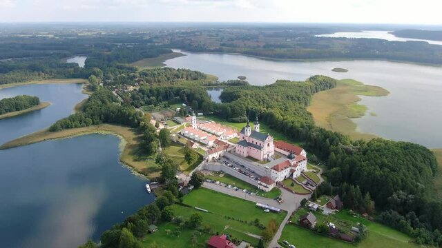 Aerial view of The Post-Camaldolese monastery at Wigry lake, Poland