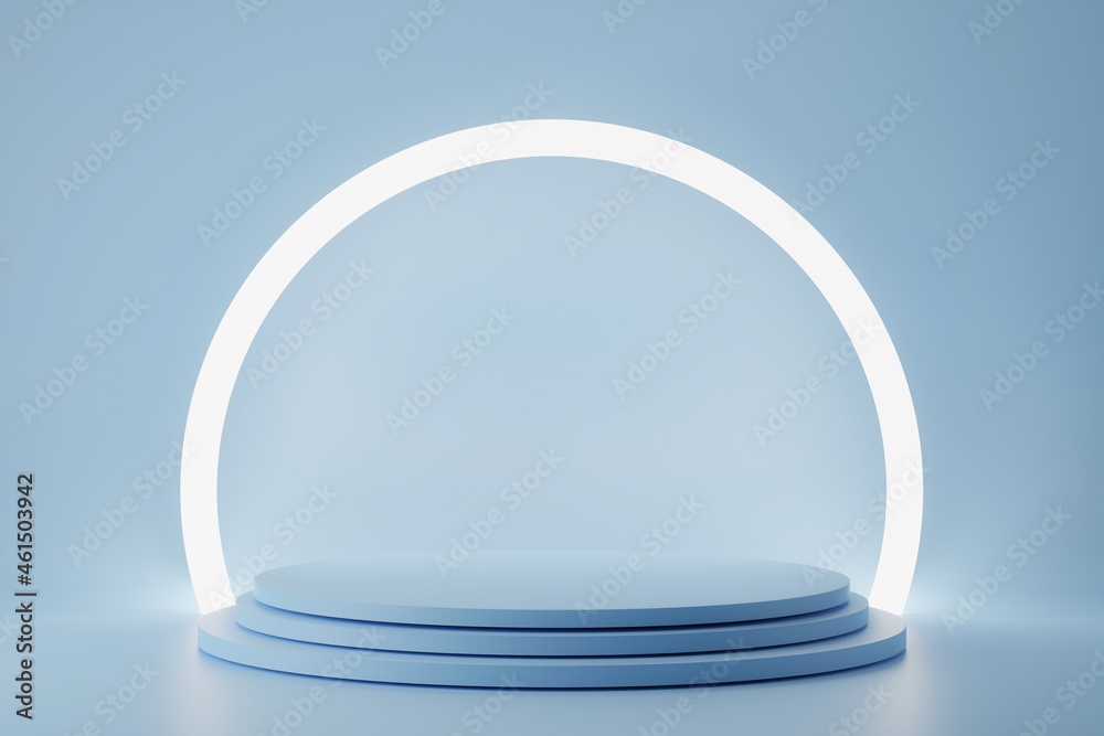 Wall mural 3d render of light circle podium on blue background with glowing light line. abstract background wit