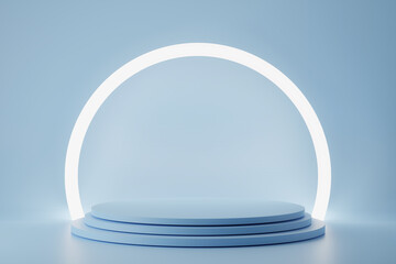 3d render of light circle podium on blue background with glowing light line. Abstract background with round pedestal. Empty stage for showing product