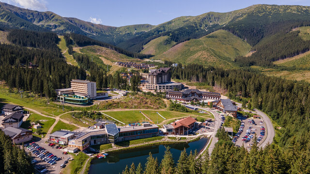 Aerial view of the Jasna recreation center in Demanovska Dolina in Slovakia