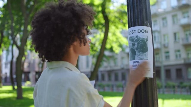 Young sad woman hanging posters with missing dog photo, lost pet, animal rescue