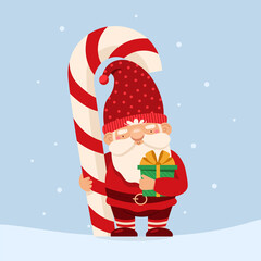 Cute little gnome in red hat with gift box and candy in hands. Merry christmas or happy new year greeting card vector illustration. Holiday celebration concept