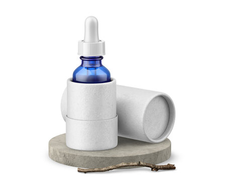 Blue Glass Dropper Bottle with Tube, Podium and Twig Mockup - 3D Illustration Isolated on White Background