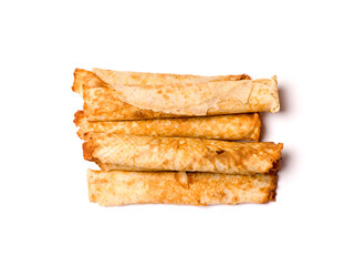 Dessert baked rolls with sweet filling. Confectionery on a white background. Studio photography