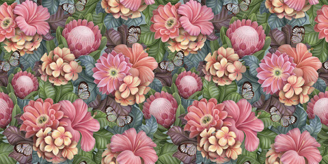 Floral seamless pattern with tropical flowers bouquets, plumeria, protea, hibiscus, glasswinged butterflies, fresh foliage, exotic leaves. Hand-drawn vintage 3D illustration. Good for luxury wallpaper - 461507708