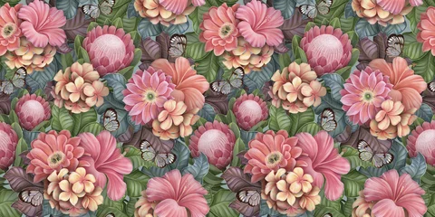 Rolgordijnen Floral seamless pattern with tropical flowers bouquets, plumeria, protea, hibiscus, glasswinged butterflies, fresh foliage, exotic leaves. Hand-drawn vintage 3D illustration. Good for luxury wallpaper © alenarbuz