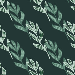 Abstract branch with leaves seamless pattern on green background.