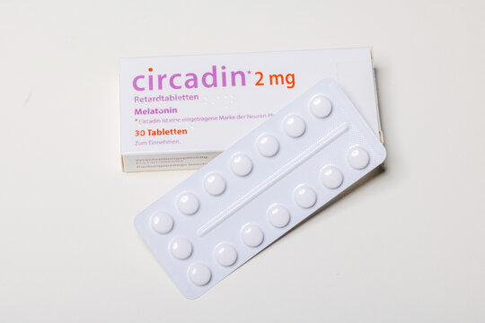 Neckargemuend, Germany: October 06, 2021: Packaging and tablets blister of the prescription drug circadin, a melatonin preparation for sleep disorders in the dosage 2mg.