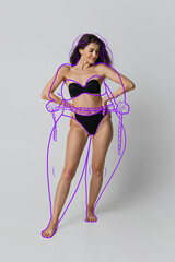One young beautiful slim woman in lingerie isolated over gray background. Line art. Modern artwork....