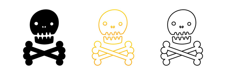 Golden, black and white doodle skulls and bones icons set, collection for Halloween design.
