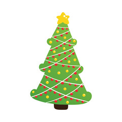 Cute cartoon style decorated christmas tree with garlands, christmas ornaments and star vector cartoon style icon, illustration.
