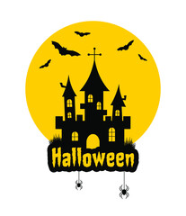 Black silhouettes of castle, spiders, bats and yellow full moon on a white background. Halloween flat illustration