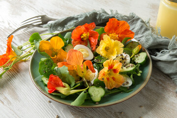 plate with salad of cucumbers, eggs and edible nasturtium flowers on a wooden table - obrazy, fototapety, plakaty