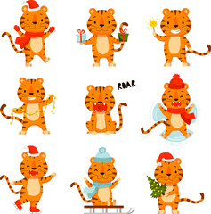 Set of cute cartoon tiger. Flat poster for prints, kids cards, posters, t-shirts, and funny avatars. Vector illustration. Greeting card.