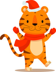 Cute tiger in red Santa hat and red scarf.