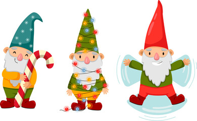 Happy cute little gnomes in winter. Funny bearded garden dwarfs with candy, Christmas lights, and snow.  Colored flat vector illustration of fairytale characters isolated on white background.