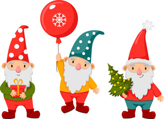 Happy cute little gnomes in winter. Funny bearded garden dwarfs with presents box, Christmas tree, and bauble.  Colored flat vector illustration of fairytale characters isolated on white background.