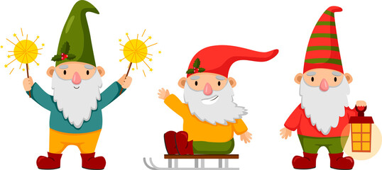 Happy cute little gnomes in winter. Funny bearded garden dwarfs with sparklers, lamps, and sled.  Colored flat vector illustration of fairytale characters isolated on white background.